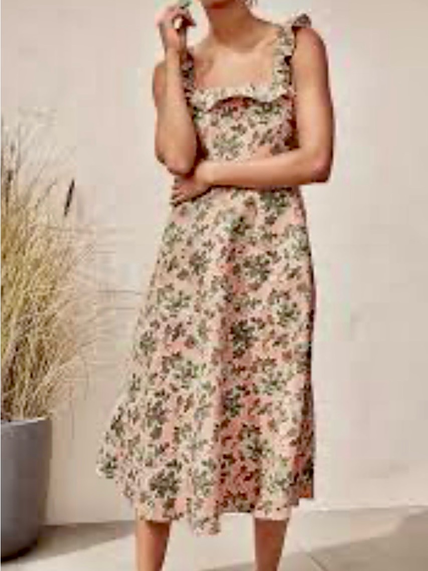 Ann Taylor Sleeveless Pink Floral Midi Dress With Ruffled Square Neckline.